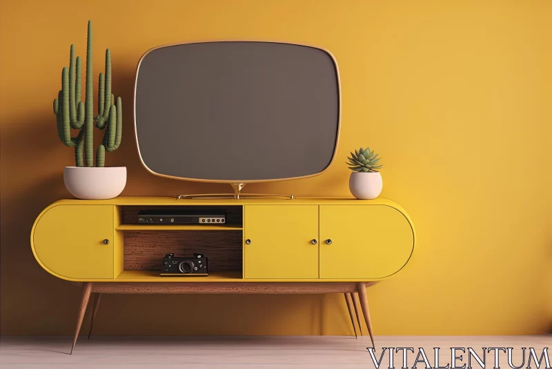 Vintage Yellow Cabinet with Retro Television and Cactus Plant - Captivating 3D Illustration AI Image