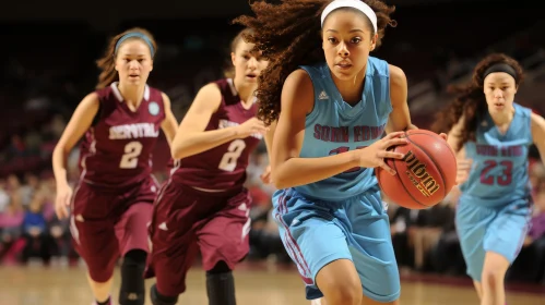 Young Female Basketball Player Dribbling Past Defenders