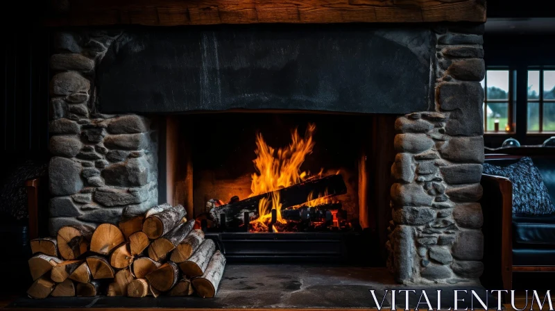 AI ART Cozy Fireplace with Burning Fire