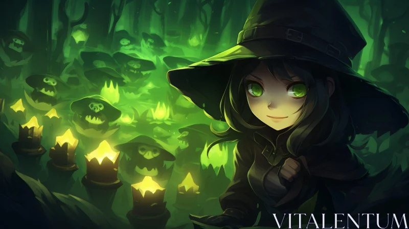 Enigmatic Woman in Green Hat in Dark Forest AI Image