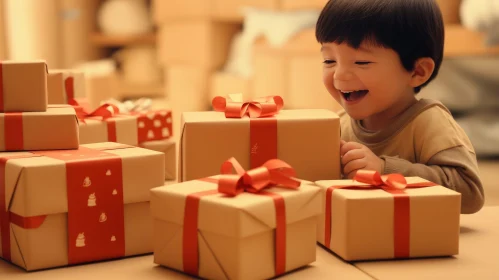 Festive Christmas Scene: Happy Boy with Wrapped Presents