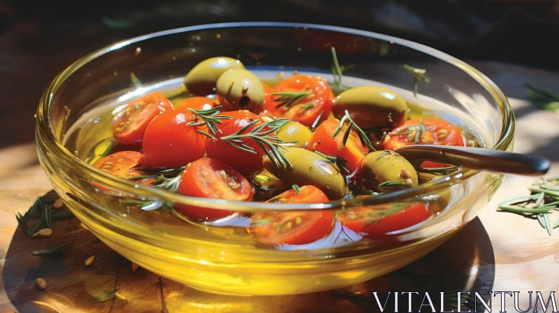 Fresh Cherry Tomatoes and Olives in Glass Bowl AI Image