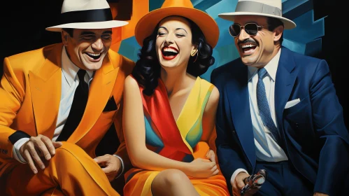 Joyful 1940s Style Painting of Three Individuals