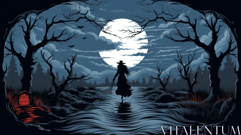 Moonlit Mystery: Woman Silhouette in Swamp AI Image