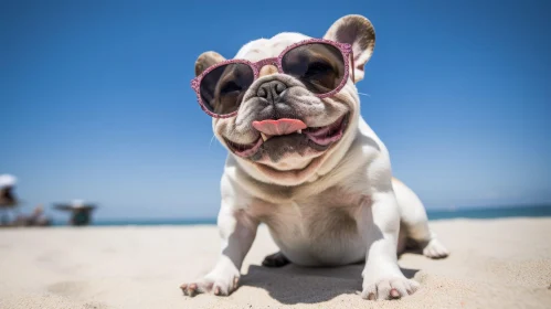 Playful French Bulldog on Beach with Pink Sunglasses
