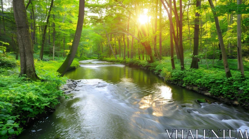 Serene River Landscape in Green Forest AI Image
