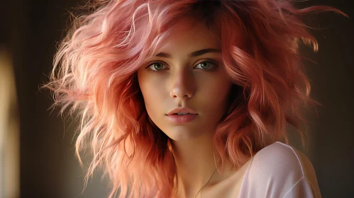 Serious Woman Portrait with Pink Hair and Green Eyes