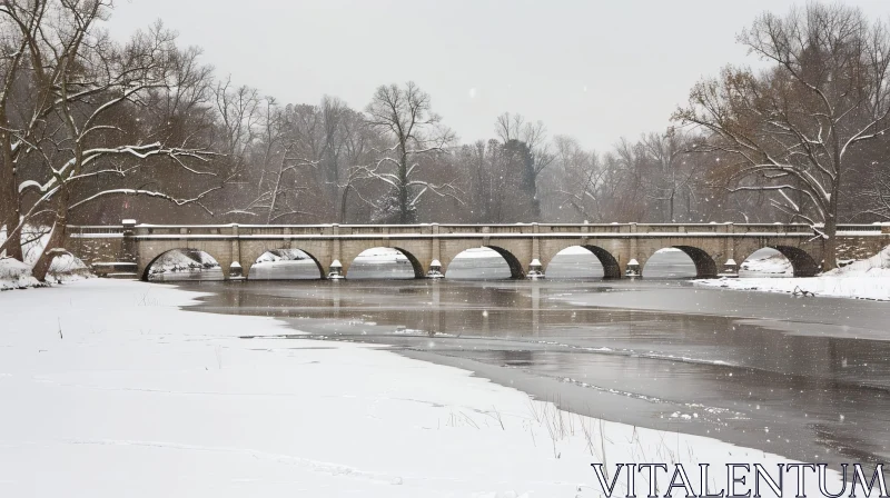 Snowy Stone Bridge Over Frozen River AI Image