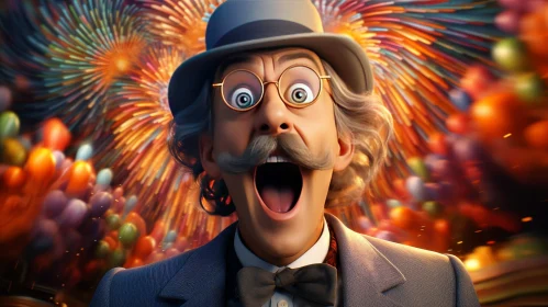 Surprised Man with Fireworks Background