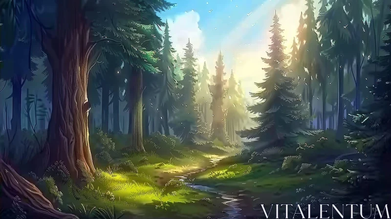 AI ART Tranquil Forest Landscape with Sunlight and River