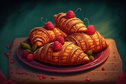 Whimsical Cartoon Plate of Croissants and Raspberries