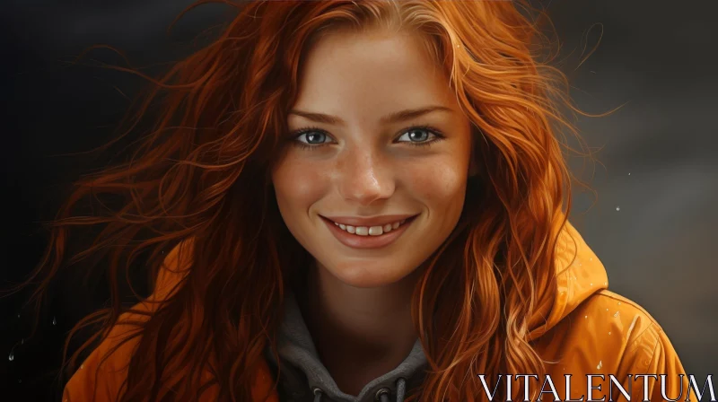 Young Woman Portrait with Red Hair and Raincoat AI Image