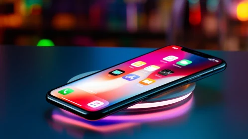 Black iPhone 12 Pro Max on Wireless Charger - Night City Background