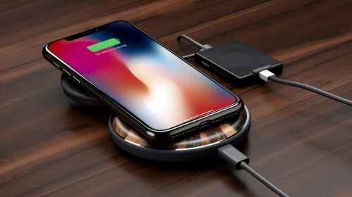 Black Smartphone Wireless Charging on Wooden Table