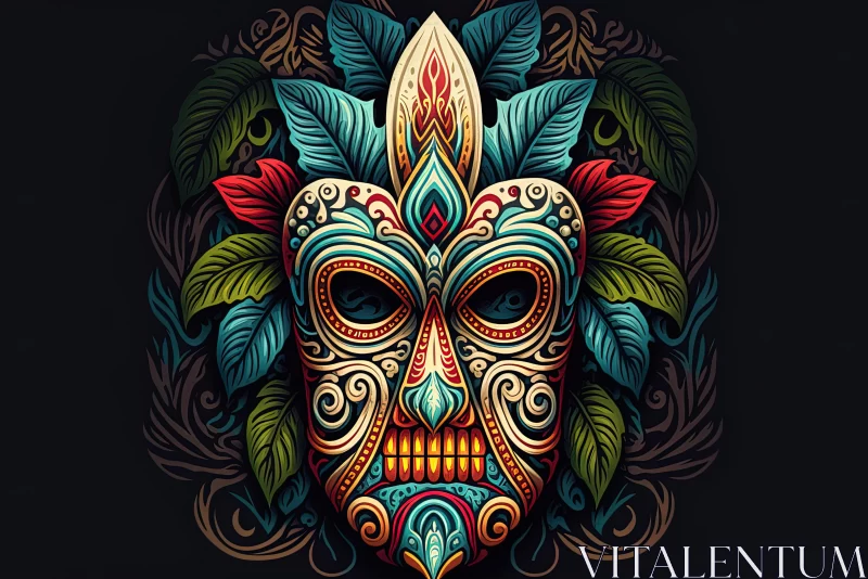 Colorful Tribal Tattoo Mask with Leaves - Vintage Poster Design AI Image