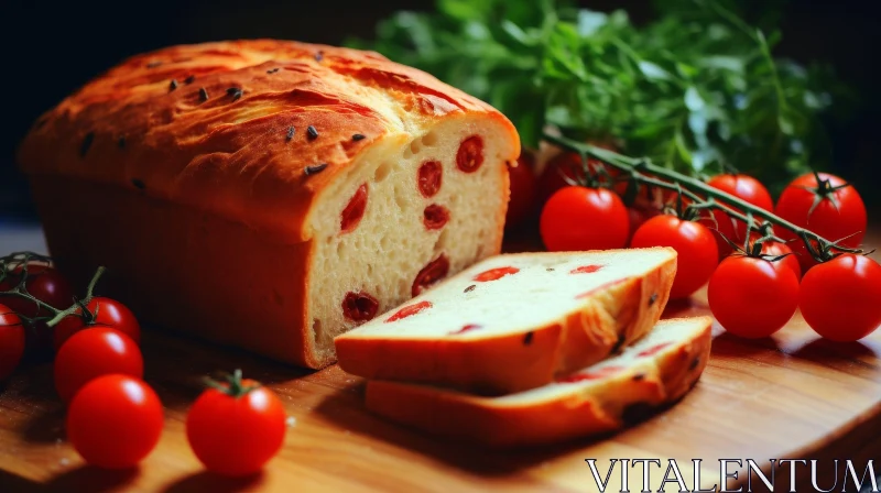Delicious Bread and Cherry Tomatoes on Wooden Table AI Image