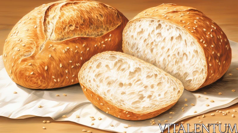 Golden Brown Bread Roll with Sesame Seeds on White Napkin AI Image