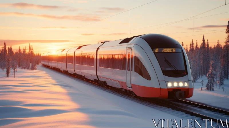 High-Speed Train in Snowy Forest at Sunset AI Image