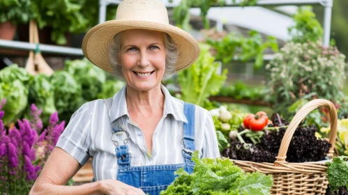 Joyful Senior Woman in Lush Garden with Fresh Vegetables