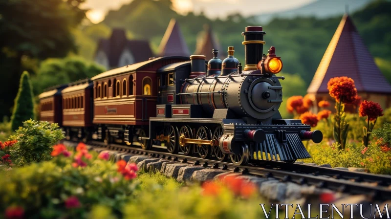 Majestic Steam Locomotive and Passenger Train in Green Field AI Image