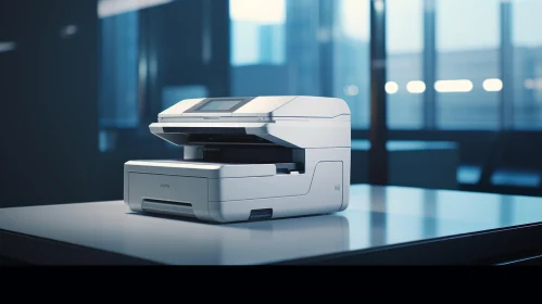 Modern Office Printer on Cityscape Background