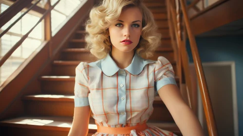 Serious Young Woman in Checkered Dress on Wooden Staircase