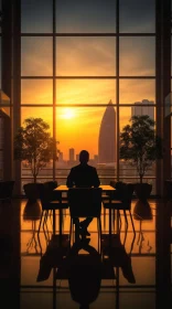 Silhouette of a Man in Modern Office Watching City Sunset