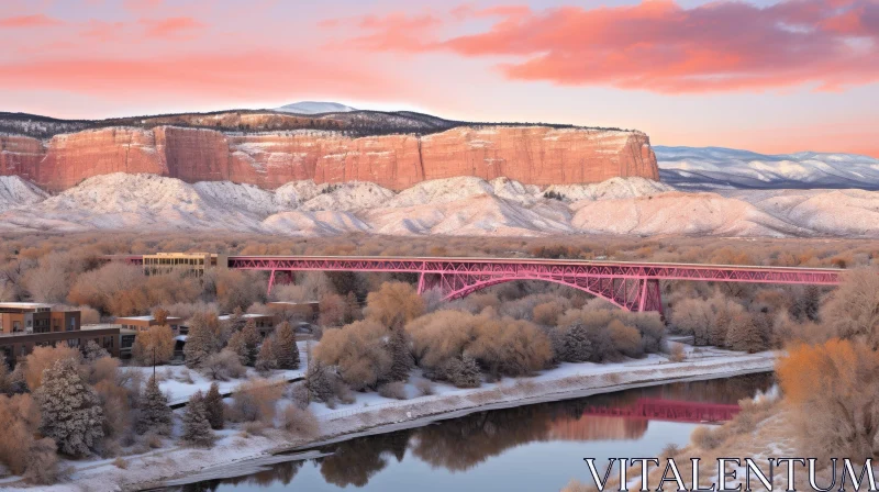 AI ART Snowy Landscape: Pink Steel Arch Bridge Over River