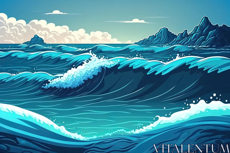 Whimsical Ocean Illustration with Vibrant Waves | Detailed Marine Views AI Image