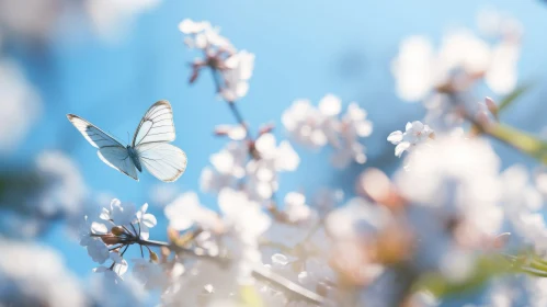 White Butterfly and Cherry Blossoms in Flight