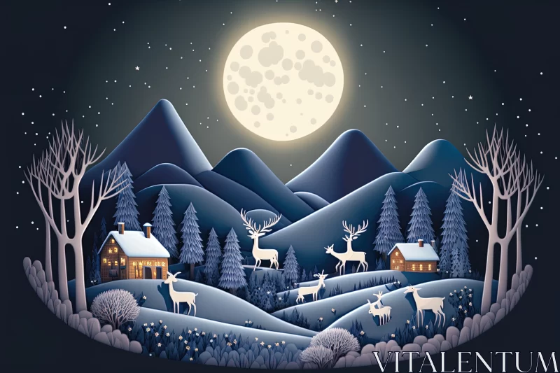 Winter Forest Illustration: Deers in Snowy Mountain Landscape AI Image