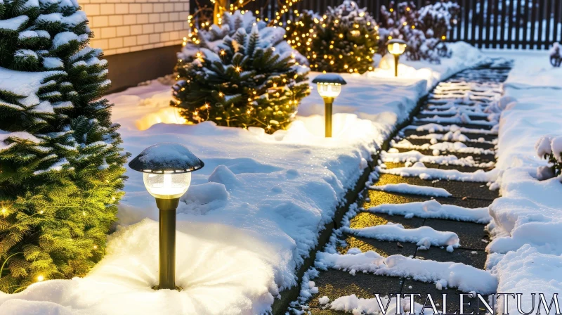 Winter Wonderland: Snow-Covered Backyard with Evergreen Trees AI Image