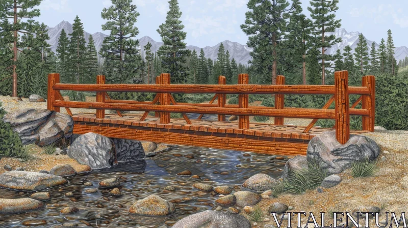 Wooden Bridge in Forest Over River and Mountains AI Image