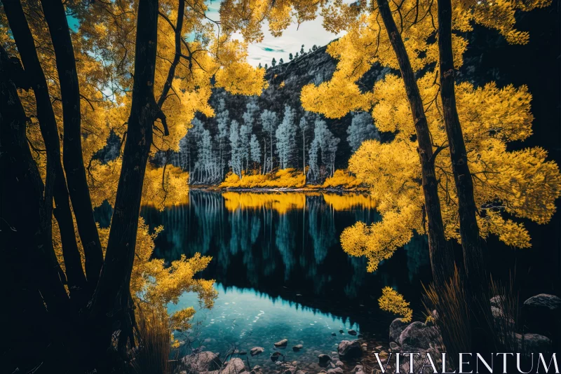 Captivating Infrared Photography: Serene Yellow Trees Reflecting in a Tranquil Lake AI Image