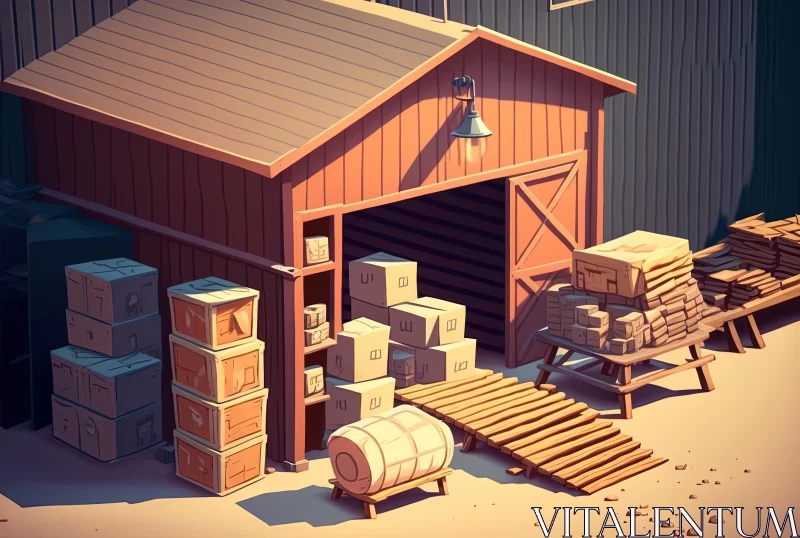 Cozy Wooden Barn with Character Design and Dusty Piles AI Image