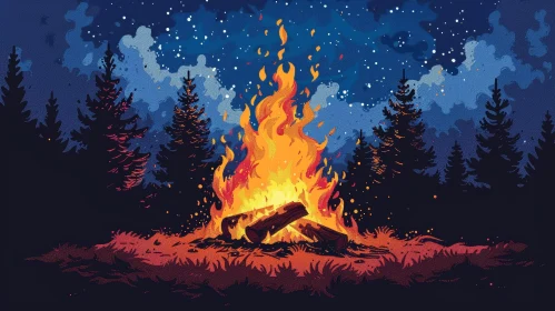 Enchanting Forest Campfire Illustration at Night