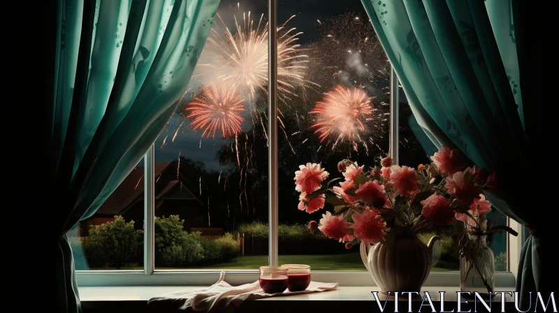 Night Sky Window View with Fireworks and Flowers AI Image