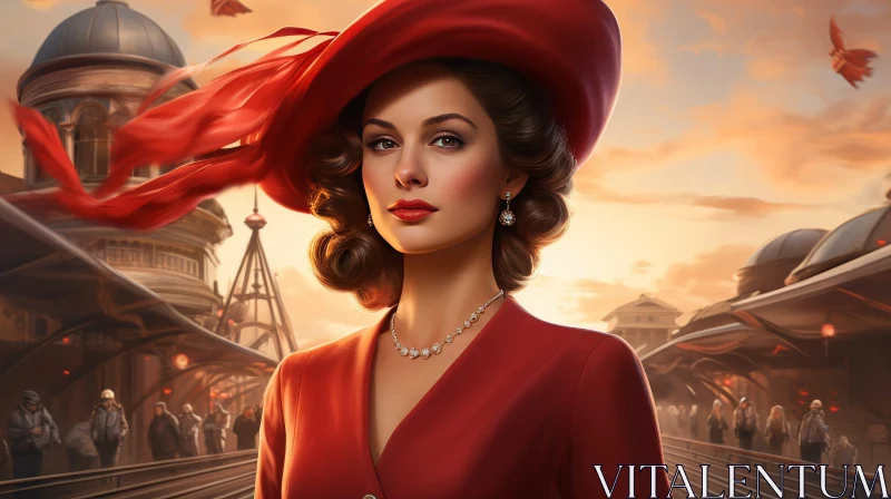 AI ART Serious Woman in Red Dress at Train Station