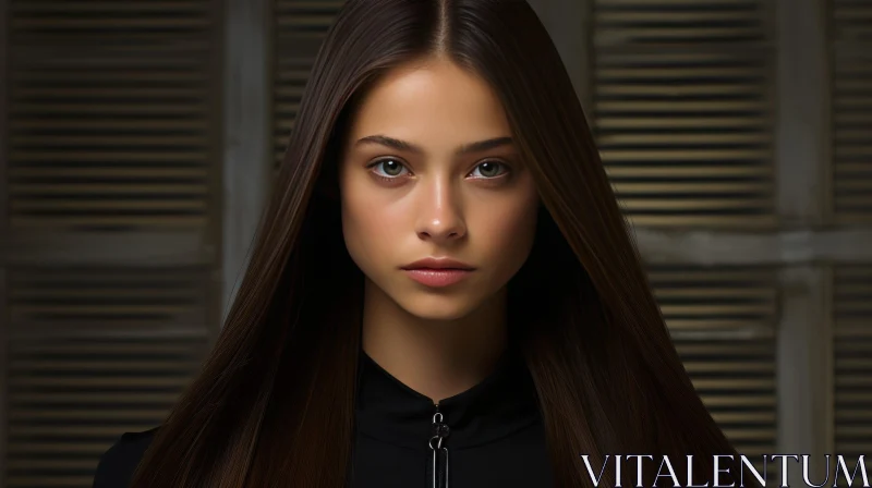Serious Young Girl Portrait in Black Turtleneck AI Image