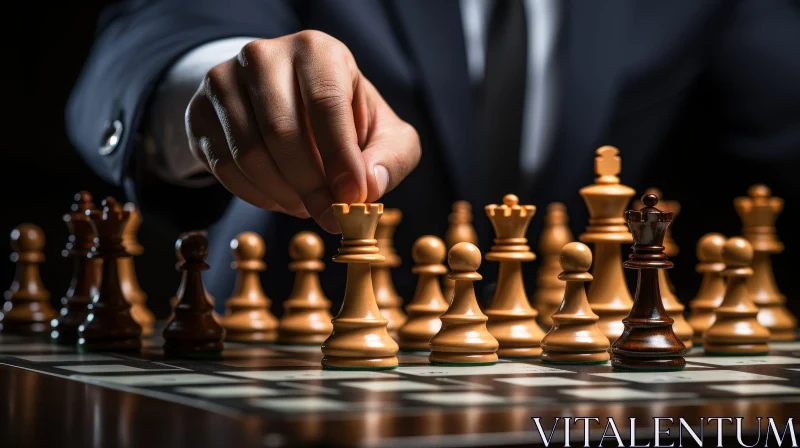 AI ART Strategic Chess Move - Hand Moving White Rook on Dark Wood Chessboard