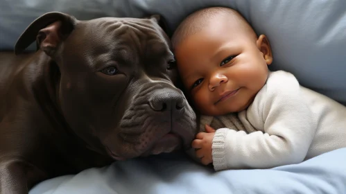 Baby and Pit Bull Dog Heartwarming Moment on Bed
