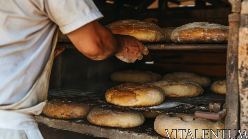 Baker Removing Bread from Wood-Fired Oven AI Image