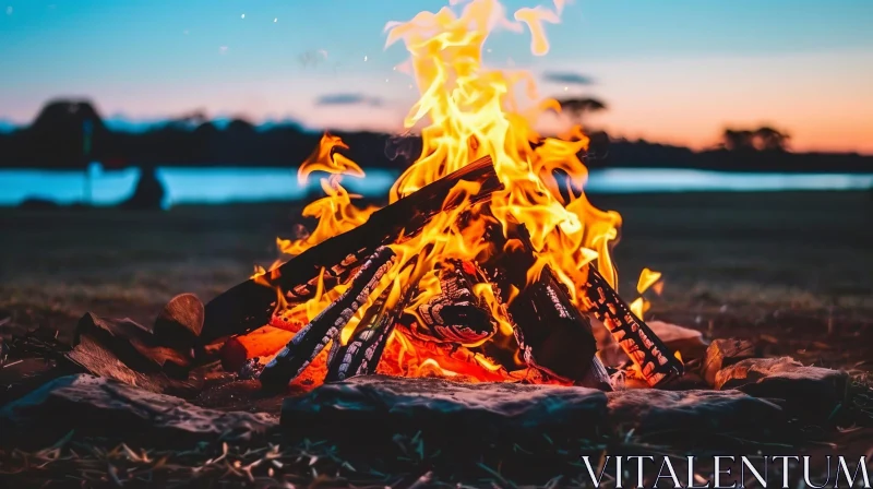 Bonfire at Lakeshore: Tranquil Dusk Scene AI Image