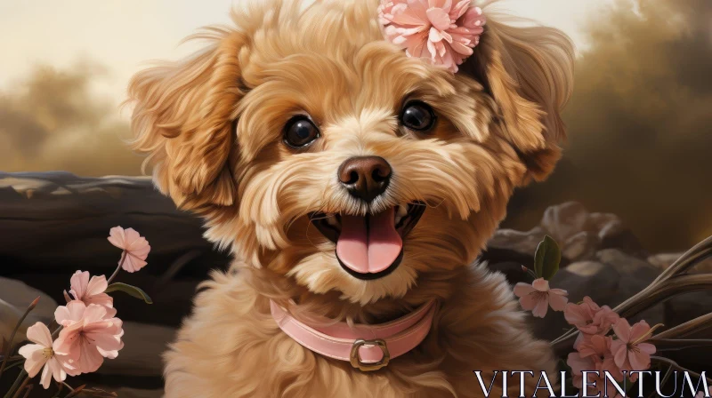 AI ART Cherubic Toy Poodle with Pink Flower - Adorable Pet Portrait