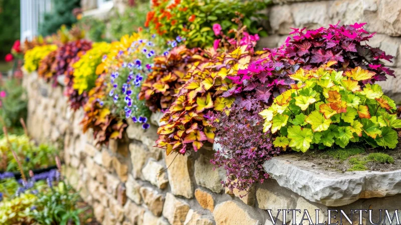 AI ART Colorful Flowers on Stone Retaining Wall