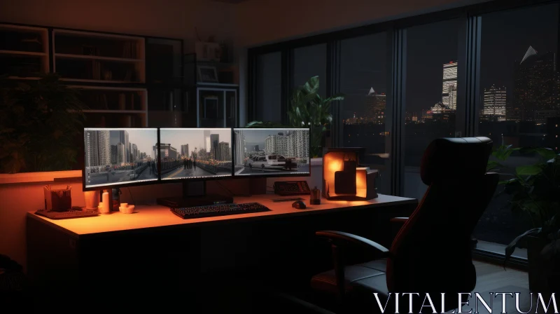 Contemporary Home Office Night Render AI Image