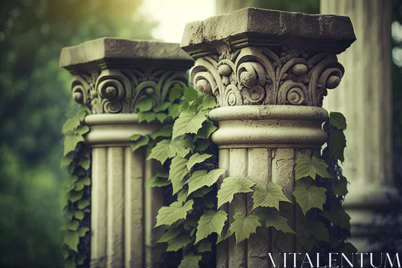 Enchanting Ancient Columns with Ivy: A Captivating Blend of Nature and Architecture AI Image