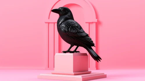 Enigmatic Black Raven 3D Rendering on Pink Background