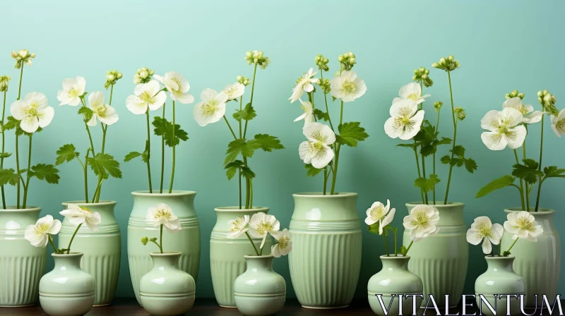 Green Ceramic Vases with White Flowers on Wooden Surface AI Image