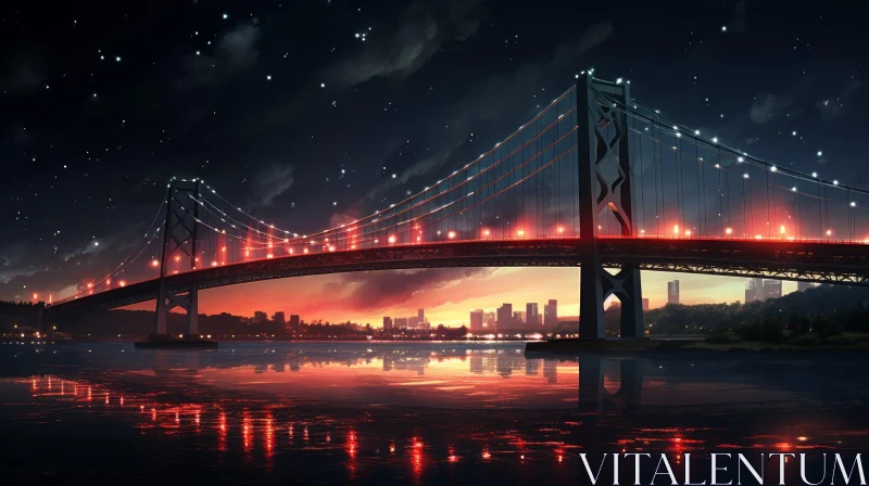 Night Bridge Illuminated by Red Lights - Cityscape Beauty AI Image